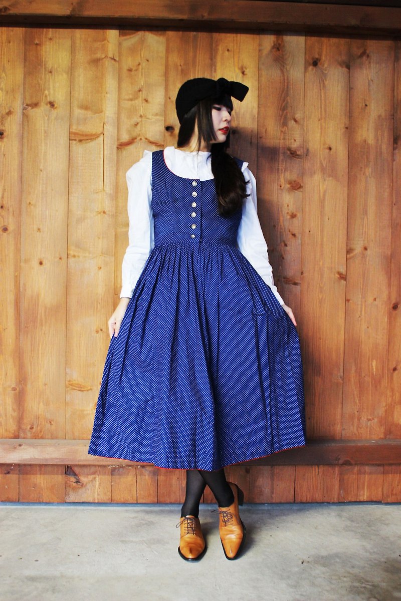 F855(Vintage)深蓝色精致白点点红色滚边棉质背心洋装(奥地利传统Dirndl) - 洋装/连衣裙 - 其他材质 蓝色