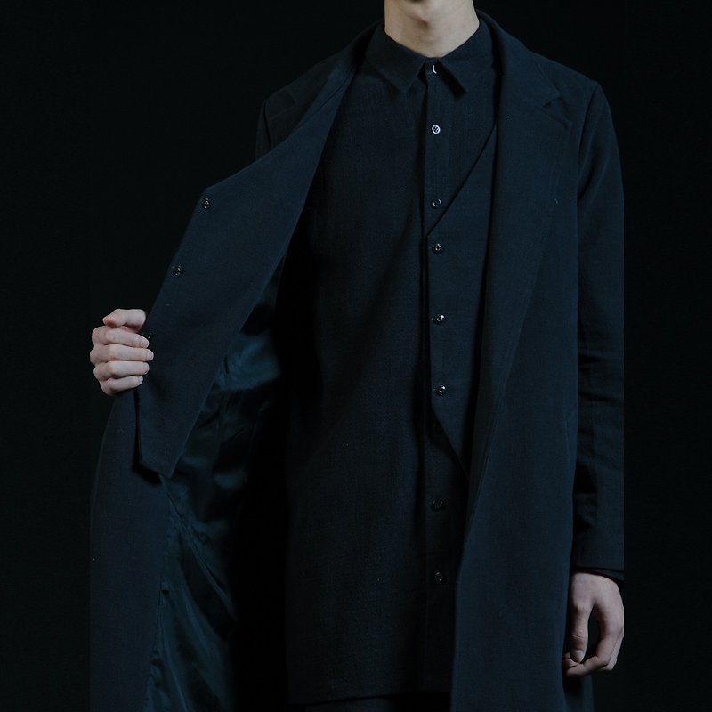 棉麻假两件实验室长袍 - 男装外套 - 棉．麻 黑色