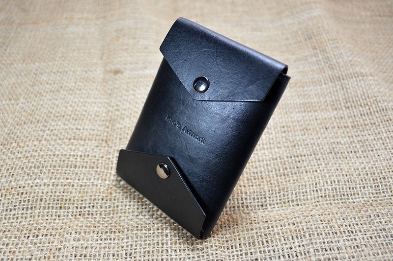 黑色植鞣革手缝双面名片夹/卡片夹 - 名片夹/名片盒 - 真皮 黑色
