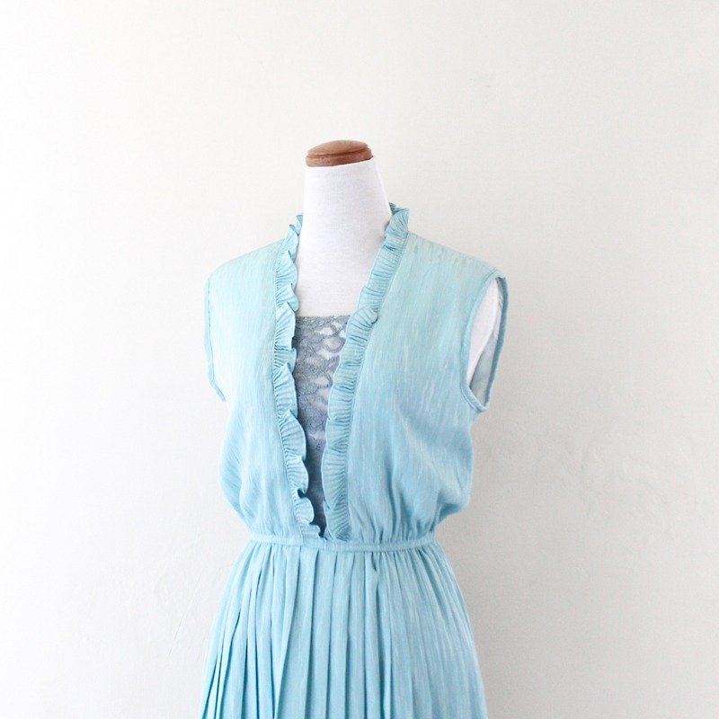 【RE0812D469】日本蕾丝拼接水蓝绿无袖古着洋装 - 洋装/连衣裙 - 其他材质 蓝色
