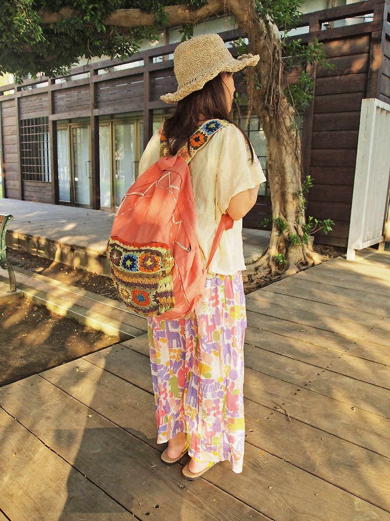 可爱文化彩色手工编织后背包 尼泊尔制( I150519) 粉色 - 后背包/双肩包 - 棉．麻 绿色