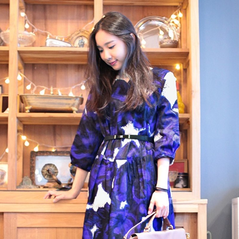 紫蓝大花宽松洋装 - 洋装/连衣裙 - 其他材质 