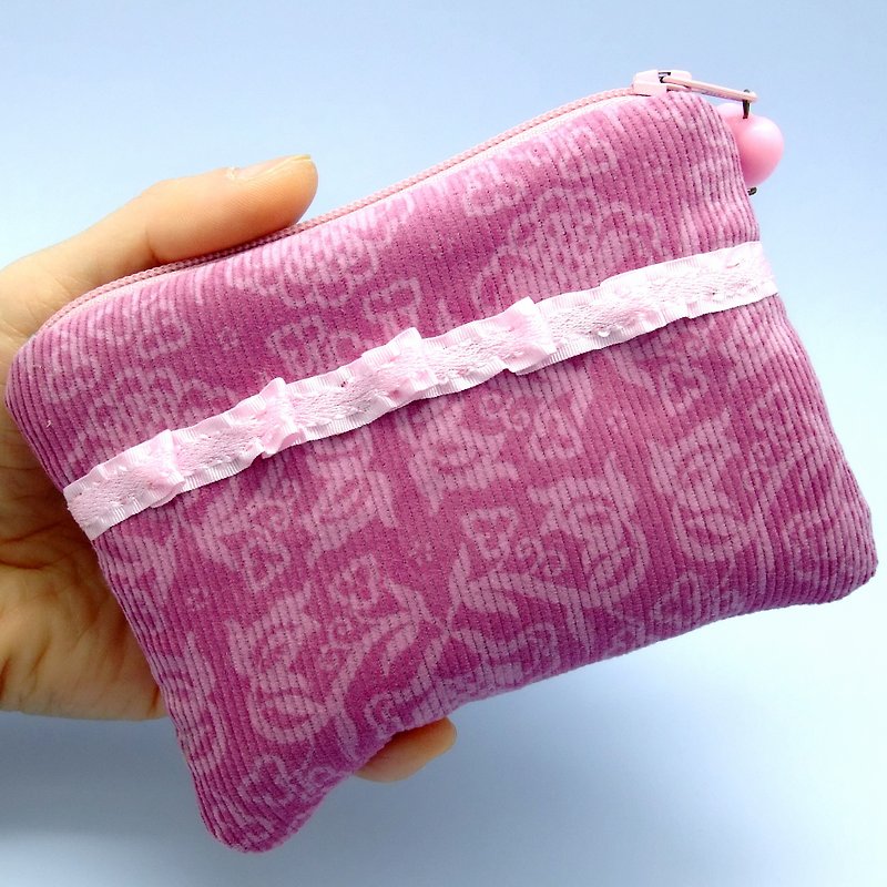 拉链零钱包，卡片包，钥匙包，耳机包，小物包 (古典图案) (ZS-13) - 零钱包 - 棉．麻 粉红色