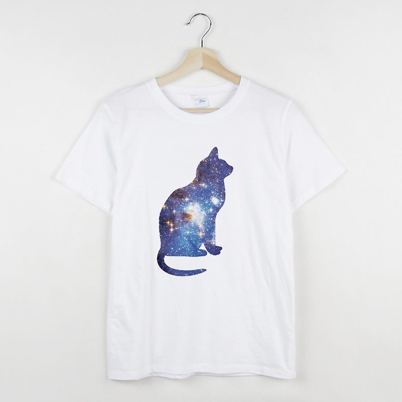 Cosmic Cat 短袖T恤白色 猫宇宙银河系文青礼物星球毛小孩 - 女装 T 恤 - 棉．麻 白色
