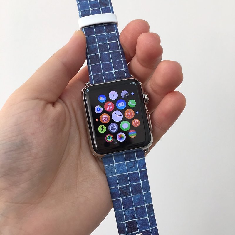 Apple Watch Series 1 , Series 2, Series 3 - Apple Watch 真皮手表带，适用于Apple Watch 及 Apple Watch Sport - Freshion 香港原创设计师品牌 - 蓝色阶砖石格纹 - 表带 - 真皮 