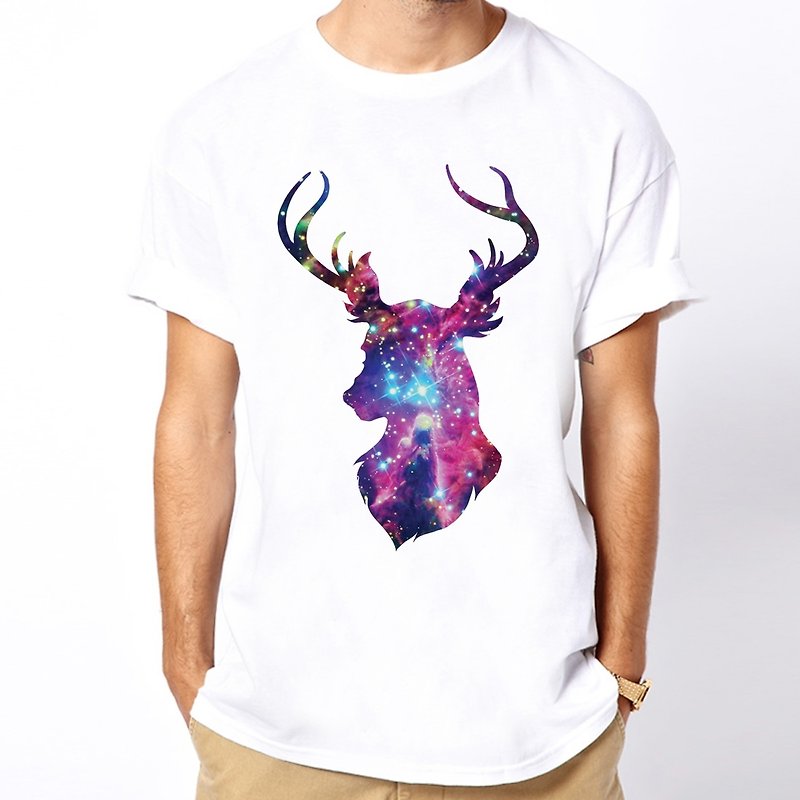 Cosmic Stag#3短袖T恤-白色 鹿角宇宙设计自创品牌银河星剪影动物 - 男装上衣/T 恤 - 棉．麻 白色