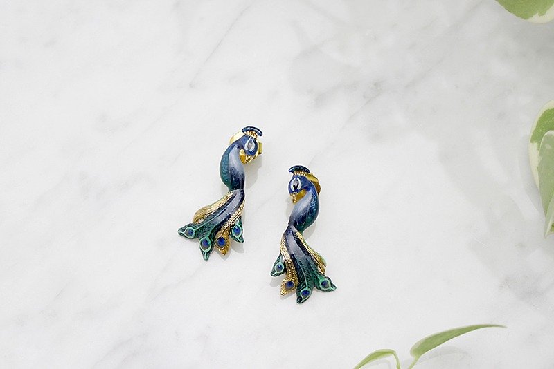 Peacock Earrings, Stud Earrings - 耳环/耳夹 - 铜/黄铜 蓝色