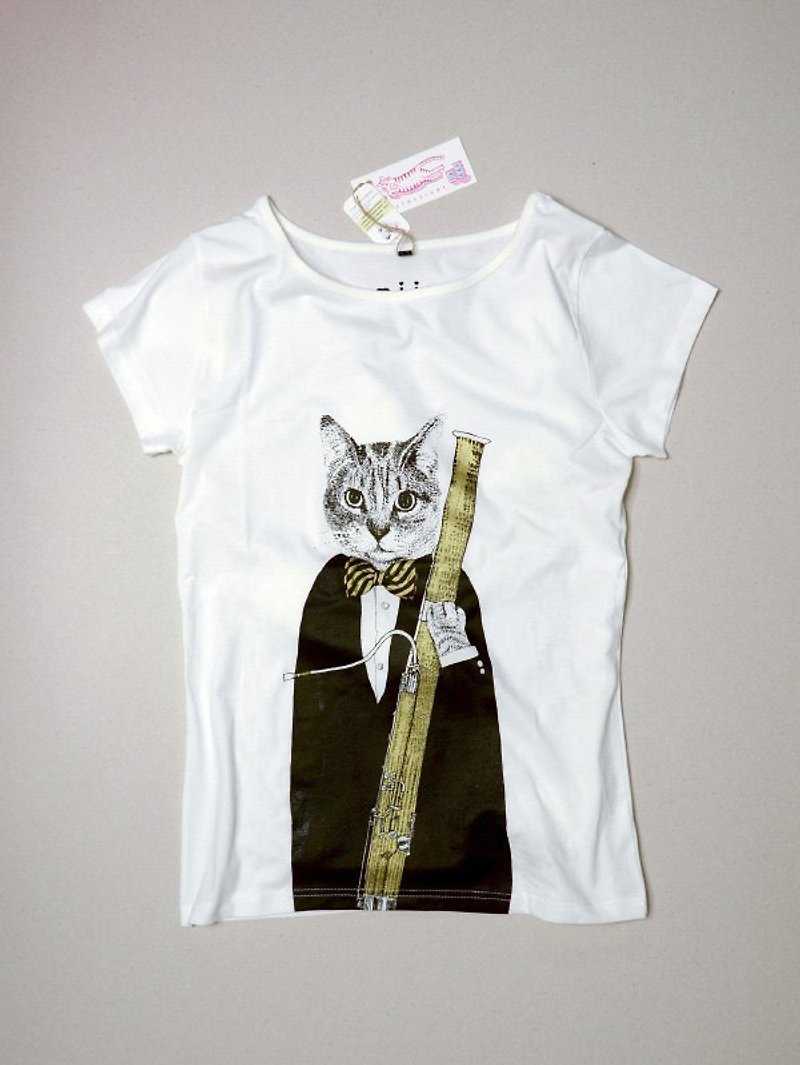 猫咪巴松管T-shirt（黑+金） - 女装 T 恤 - 棉．麻 黑色