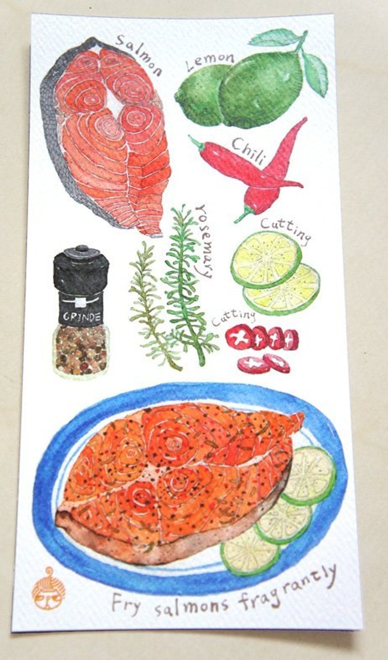 针线球 常在家的家常菜 食谱明信片-迷迭香煎鲑鱼 (单张) - 卡片/明信片 - 纸 橘色