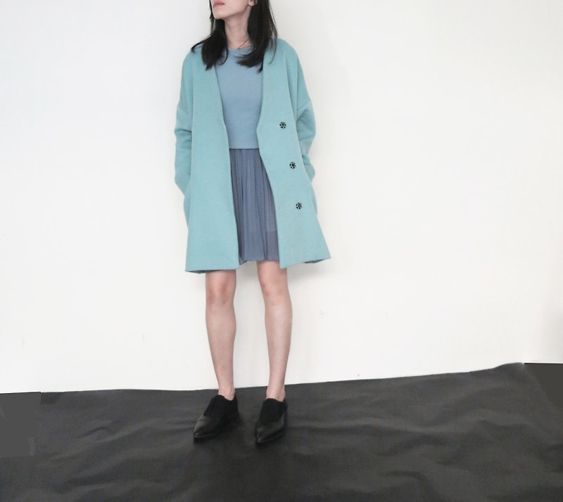 蓝绿色双层喀什米尔羊毛运动风茧型大衣(2015年批次) - 女装休闲/机能外套 - 其他材质 蓝色