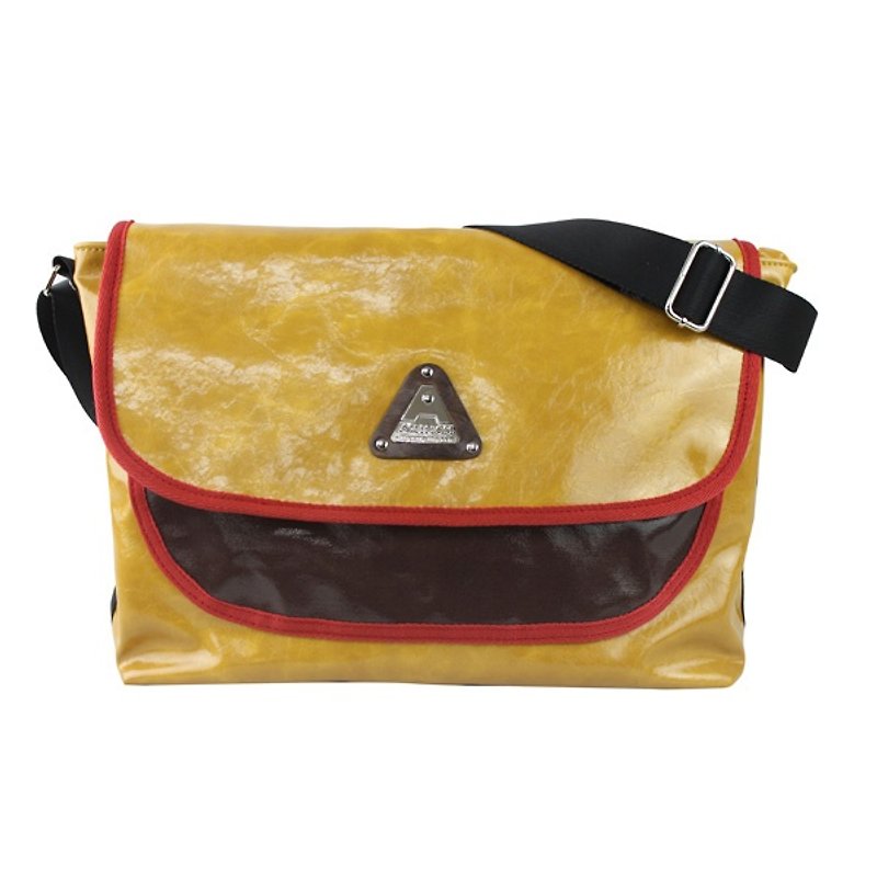 AMINAH-焦糖黄色拼贴邮差包【am-0238】 - 侧背包/斜挎包 - 人造皮革 黄色