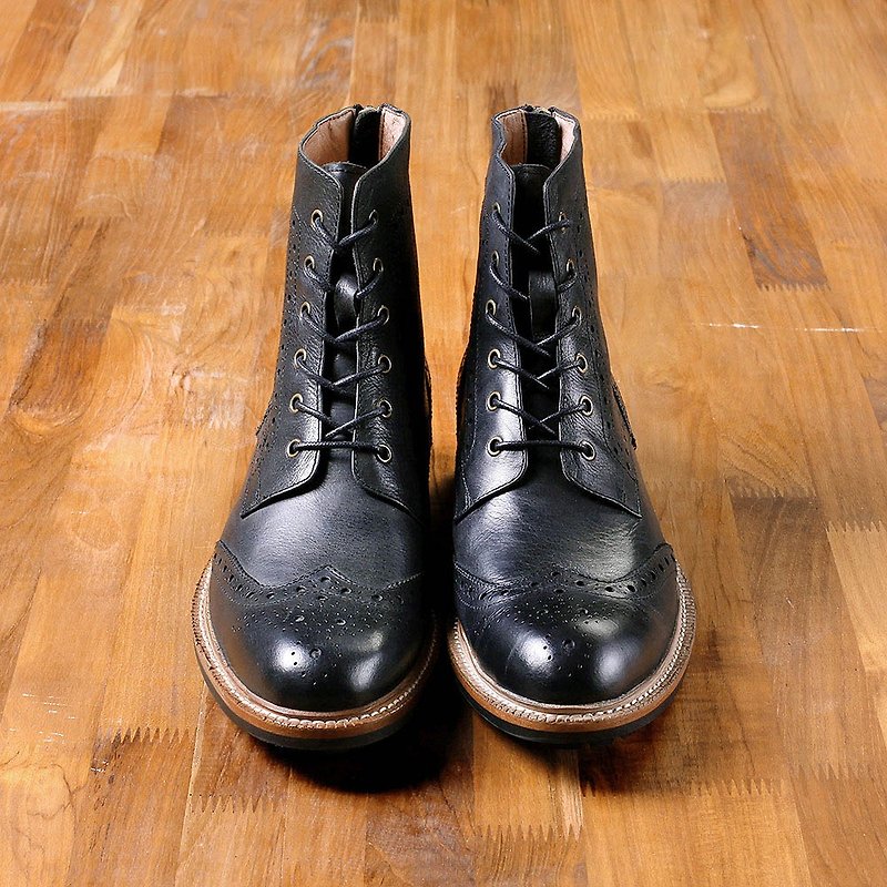 Vanger 优雅美型·英式复潮翼纹系带中筒靴 Va189黑 - 男款靴子 - 真皮 黑色