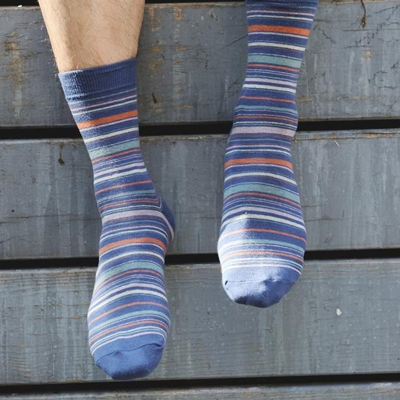 林果良品 条纹绅士袜 湛蓝色 - 绅士袜 - 棉．麻 蓝色