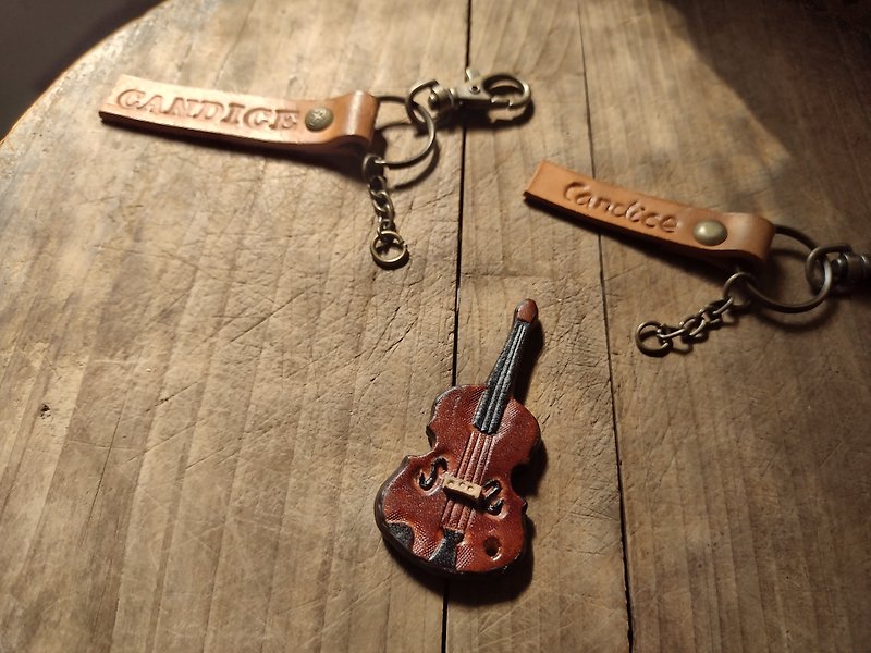 迷你可爱小提琴立体纯牛皮钥匙款- 可定制名字 两组 - 钥匙链/钥匙包 - 真皮 咖啡色
