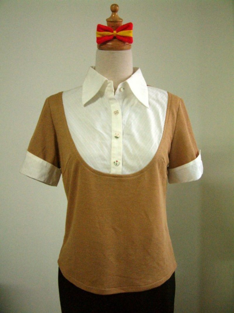 针织剪接短袖上衣(土黄) - 女装针织衫/毛衣 - 其他材质 黄色