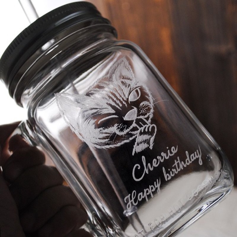500cc【MSA Q版猫咪宠物杯】复刻玻璃罐饮料马克杯(送玻璃环保吸管) 猫 - 咖啡杯/马克杯 - 玻璃 黑色