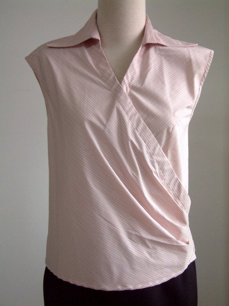 斜边无袖衬衫领上衣(粉白条纹) - 其他 - 其他材质 粉红色