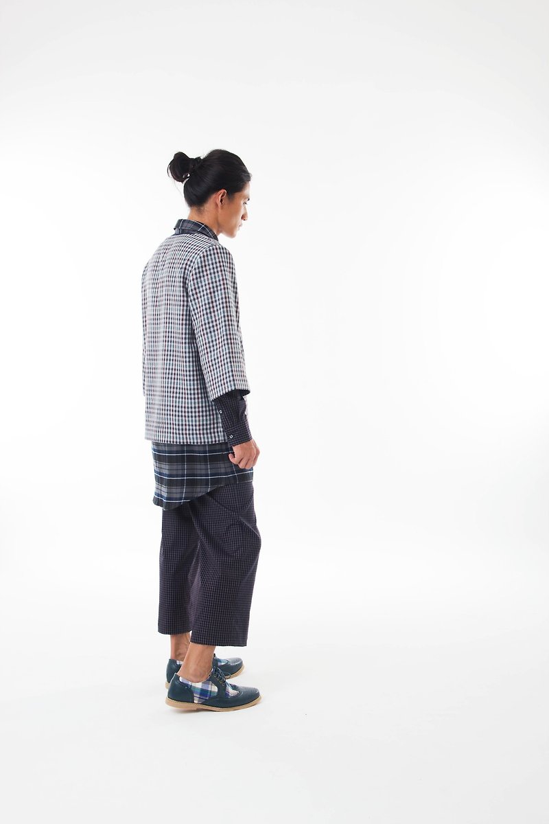 Sevenfold - Bicolor plaid stitching pant 双色格纹拼接长裤(深蓝色) - 男士长裤 - 压克力 