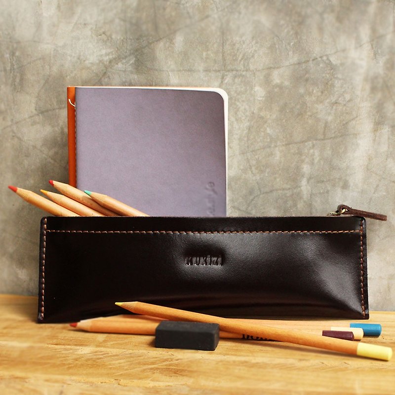 Pie长款皮革笔袋-暗褐色 - 铅笔盒/笔袋 - 真皮 咖啡色