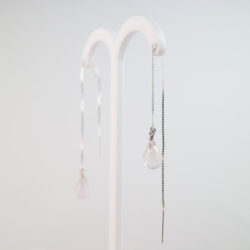 粉水晶纯银水滴耳链式耳环 - 耳环/耳夹 - 宝石 粉红色