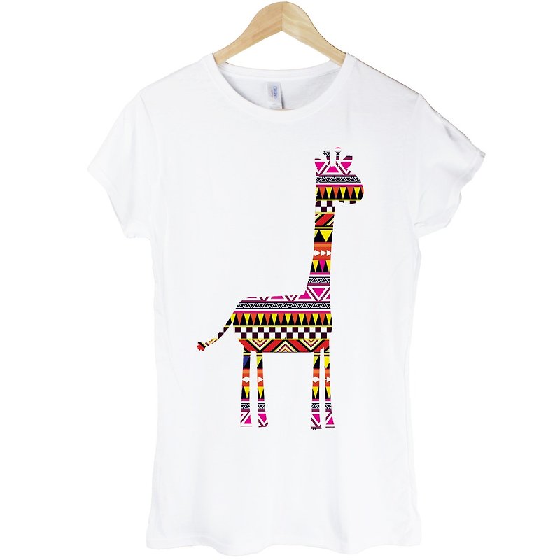 Aztec Giraffe女生短袖T恤-白色 民族风 长颈鹿 动物 设计 可爱 - 女装 T 恤 - 其他材质 白色
