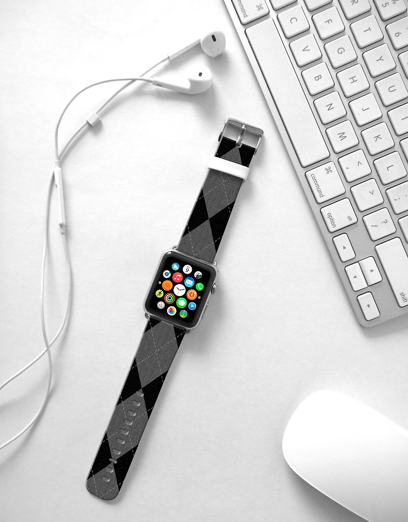 Apple Watch Series 1 , Series 2, Series 3 - Apple Watch 真皮手表带，适用于Apple Watch 及 Apple Watch Sport - Freshion 香港原创设计师品牌 - 黑色菱形图案 - 表带 - 真皮 