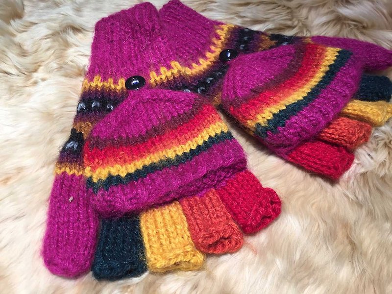 秘鲁手工毛料盖子手套-桃粉 - 手套 - 其他材质 多色