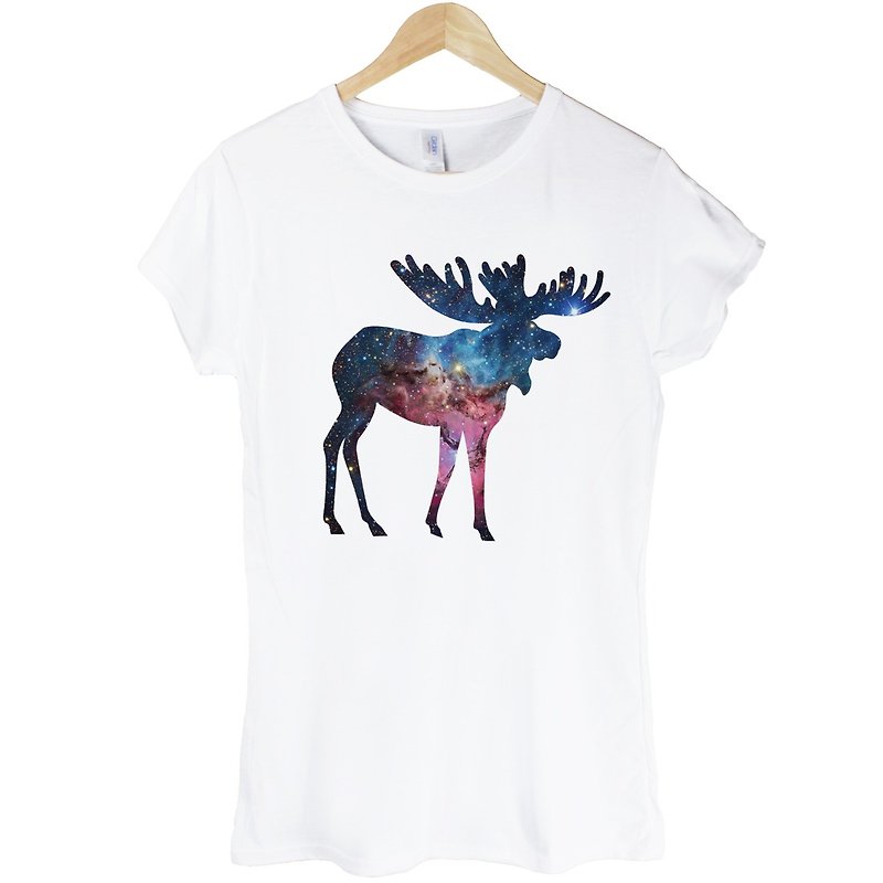 Moose-Galaxy女生短袖T恤-白色 鹿 麋鹿 时尚 银河系 时髦 宇宙 设计 相片 - 女装 T 恤 - 其他材质 白色