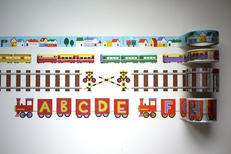 铁道系列4入组: 铁路+火车+英文字母火车+小房子街景纸胶带 - 纸胶带 - 纸 多色