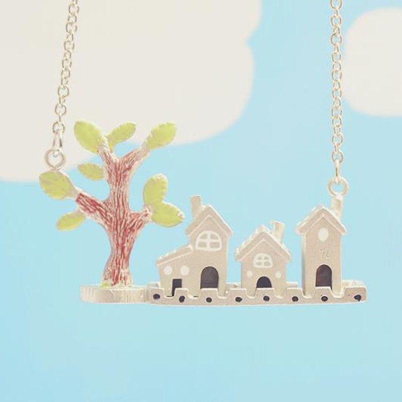 Handmade Tiny Houses Necklace, Handmade Little Houses Necklace, House & Tree - 项链 - 其他金属 银色