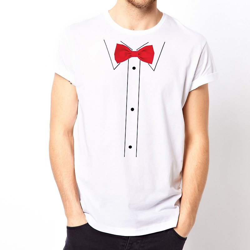 Print Bow Tie-Red短袖T恤-白色 印刷红领结 领带 眼镜 胡须 文青 艺术 设计 时髦 文字 时尚 - 男装上衣/T 恤 - 其他材质 白色