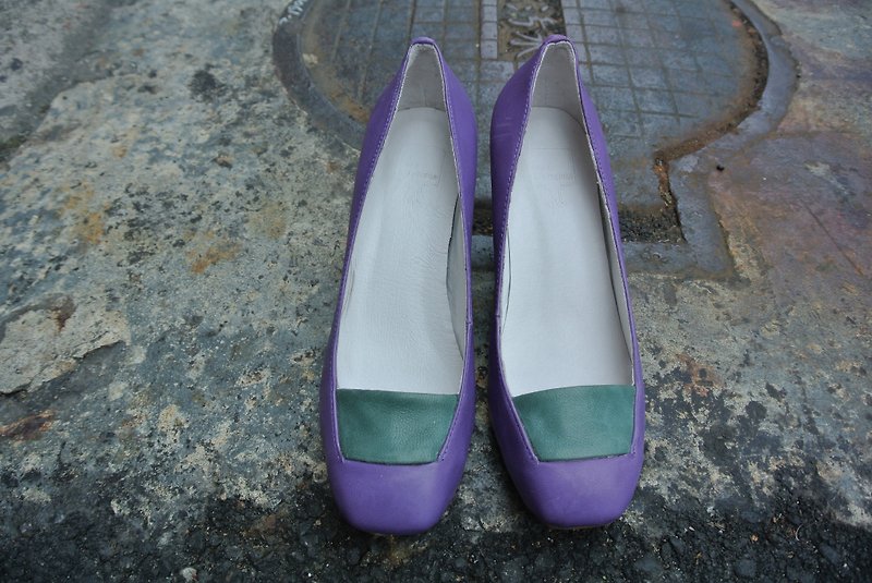 #921#咖啡馆视觉暂留。立体鞋头奔跑中跟包鞋 (茄紫) - 女款休闲鞋 - 真皮 蓝色