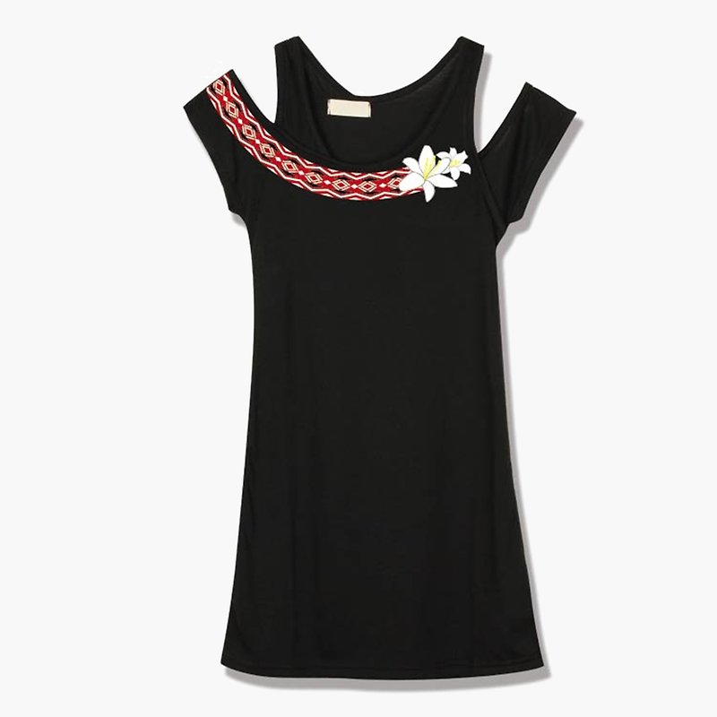 台湾文化T 恤-花献台湾(女版两件式)-百合 - 女装上衣 - 棉．麻 黑色
