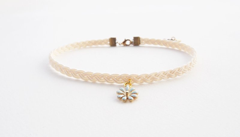 Cream braided choker / necklace with light blue flower charm. - 项链 - 其他材质 白色