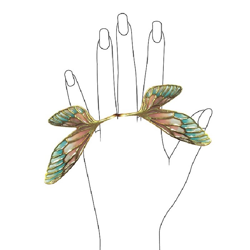 Double Fairy wing ring in brass  with stand glass enamel pastel color - 戒指 - 其他金属 