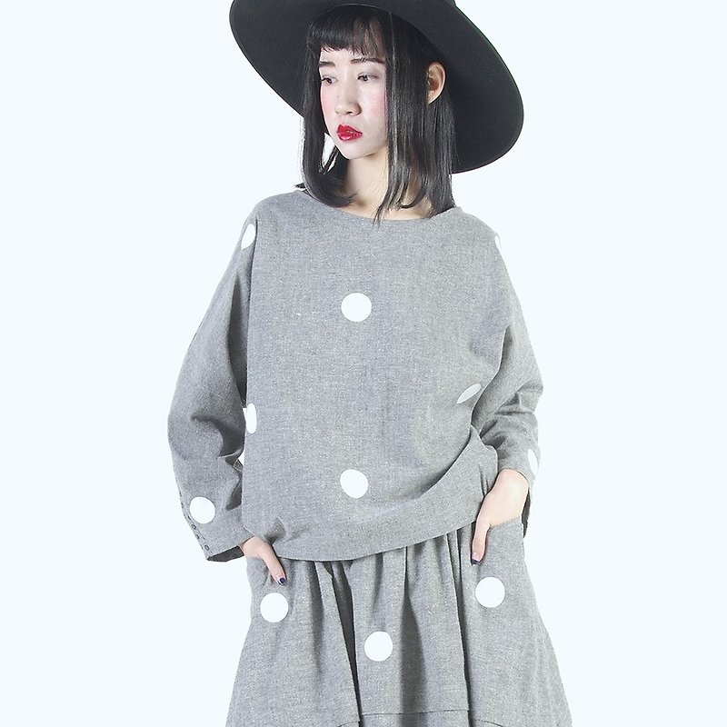 日系甜美点点灰色长袖衫 - imakokoni - 女装上衣 - 棉．麻 灰色