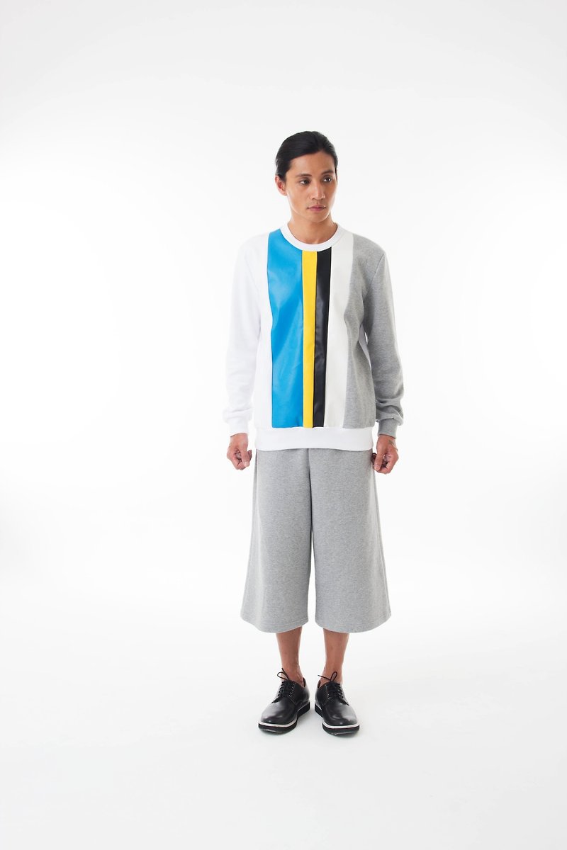 Sevenfold - Color matching leather stitching sweater 配色皮革拼接上衣(白色) - 男装上衣/T 恤 - 真皮 