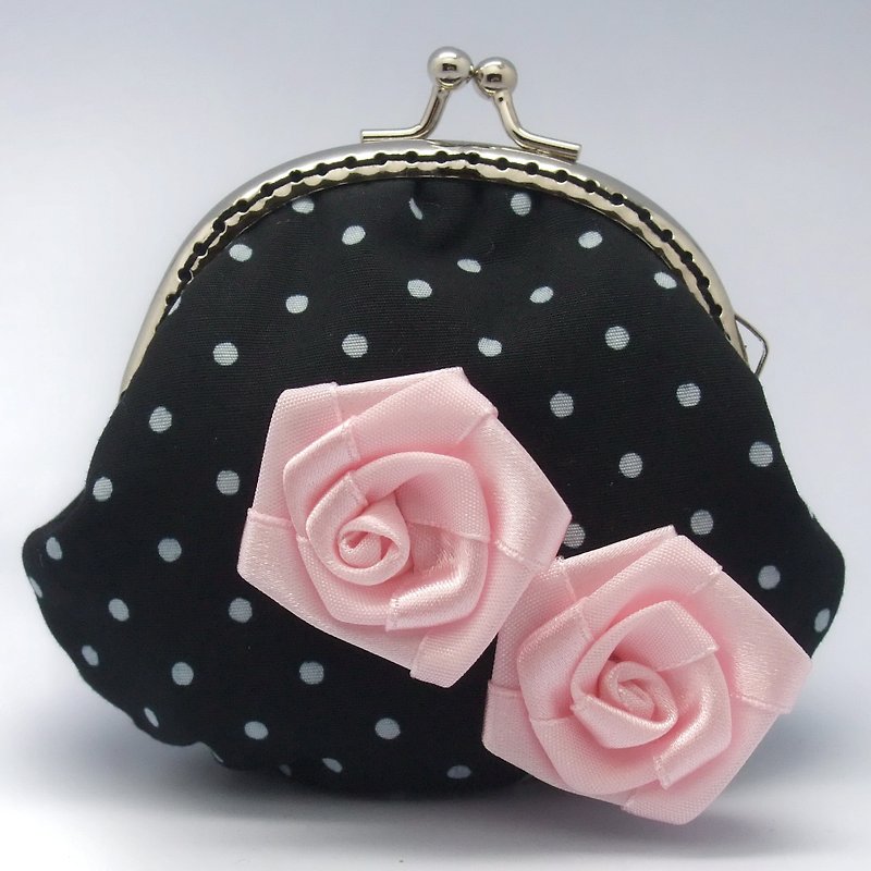粉红玫瑰花口金 零钱包 (S-30) - 零钱包 - 棉．麻 黑色