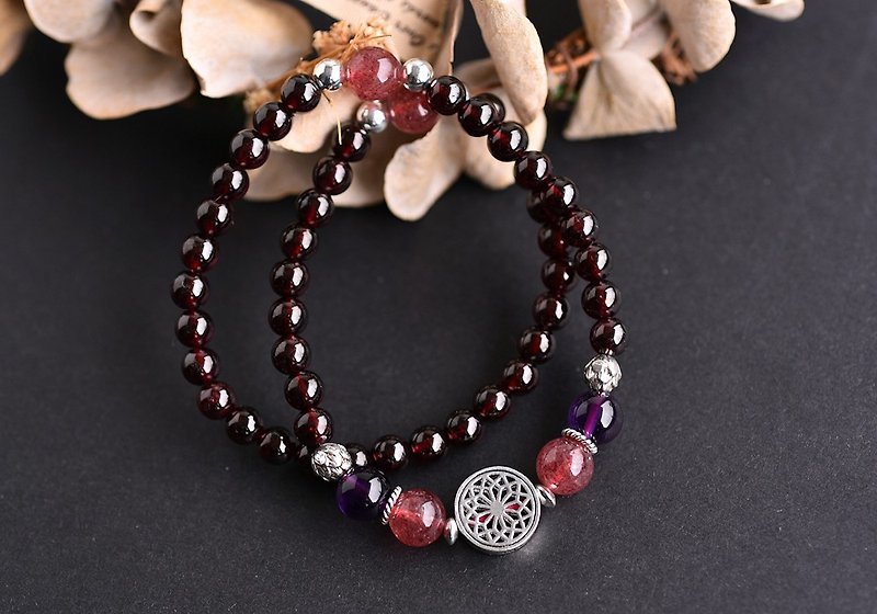 红石榴石+紫水晶+草莓晶纯银花朵双圈手链 - 手链/手环 - 水晶 红色