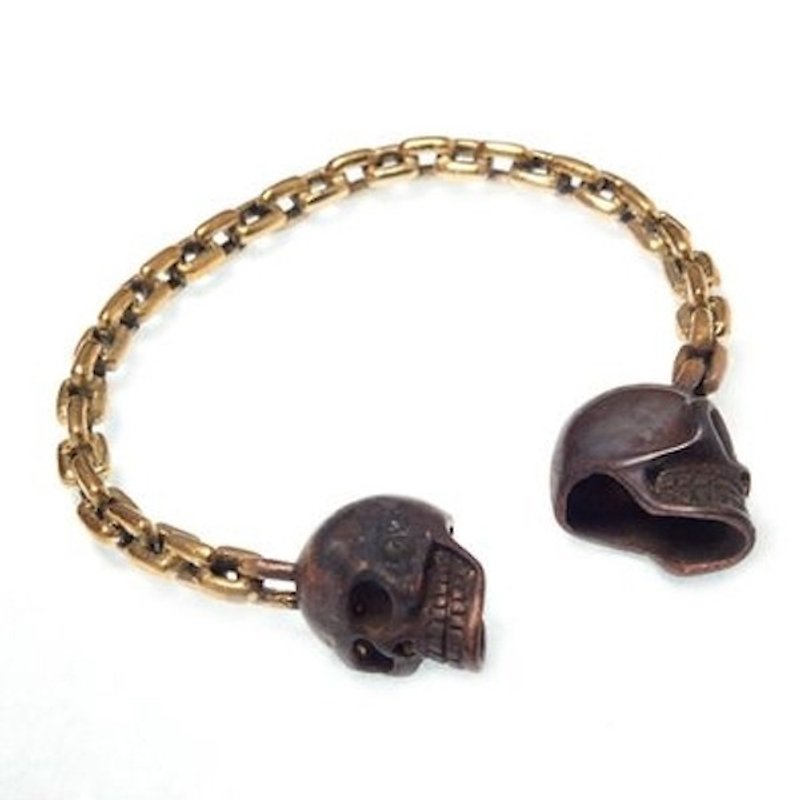 Skull with chain bangle in brass and oxidized antique color ,Rocker jewelry ,Skull jewelry,Biker jewelry - 手链/手环 - 其他金属 