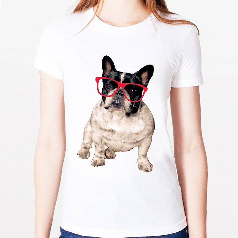 Glasses French Bulldog女生短袖T恤-白色 眼镜 法斗 狗 犬 动物 文青 艺术 设计 时髦 文字 时尚 - 女装 T 恤 - 其他材质 白色