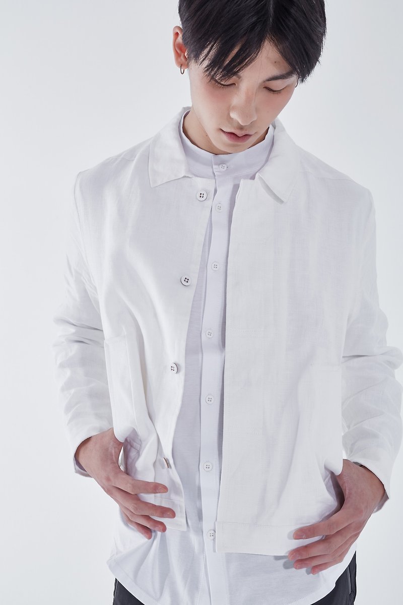 麻质藏扣短外套 (微瑕疵品出清) - 男装外套 - 棉．麻 白色