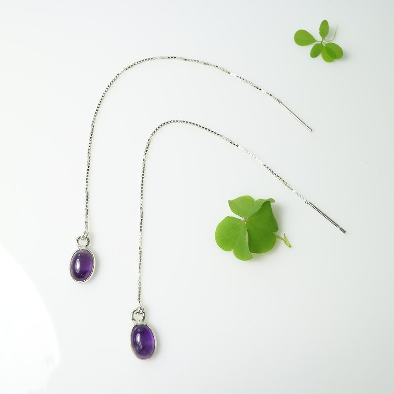 紫水晶纯银耳链式耳环 - 耳环/耳夹 - 宝石 紫色