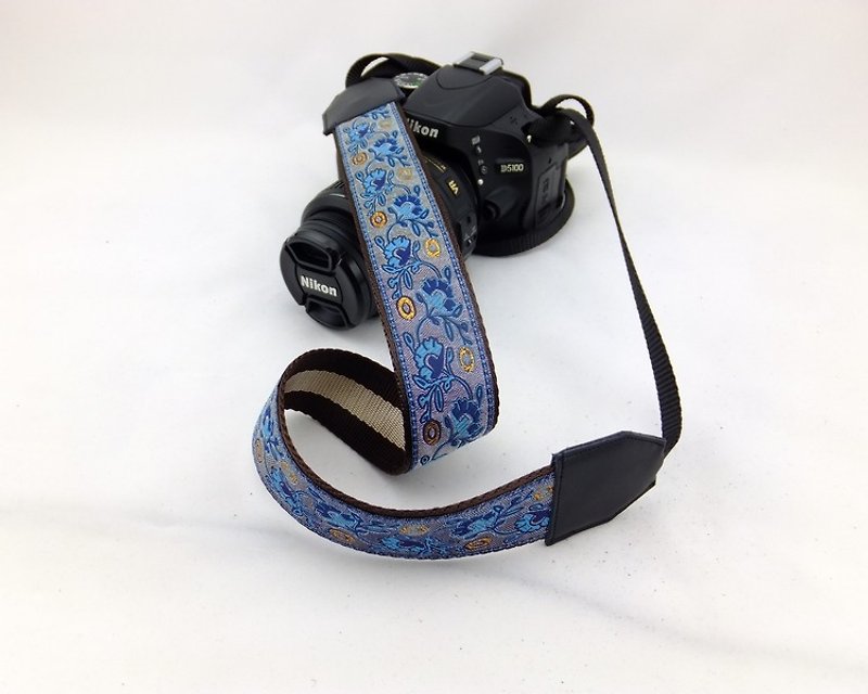 相机背带 个性定制 可印字 真皮拼接 刺绣花纹  民族风024 - 相机背带/脚架 - 真皮 蓝色