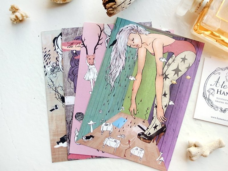 Atelier Hanu 手绘插画童话系列卡片/明信片  一套四款 - 卡片/明信片 - 纸 多色