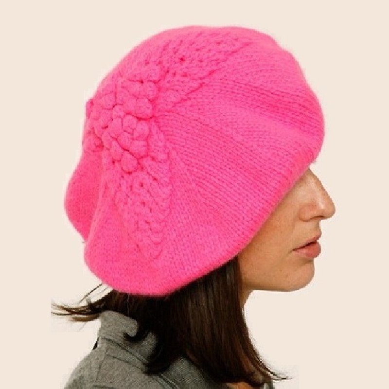 英国Lowie/稚嫩羊毛叶子花纹贝雷帽-粉红色 - 帽子 - 羊毛 粉红色