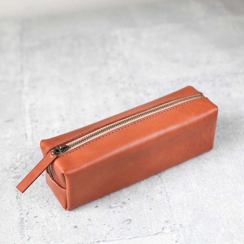 焦糖橘特大款植韖皮立体植鞣真皮革笔袋小物盒 - 铅笔盒/笔袋 - 真皮 金色