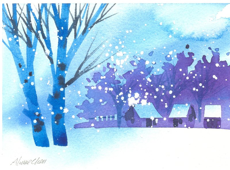 疗愈系树林系列b4-水彩手绘限量版明信片/圣诞卡 - 卡片/明信片 - 纸 蓝色