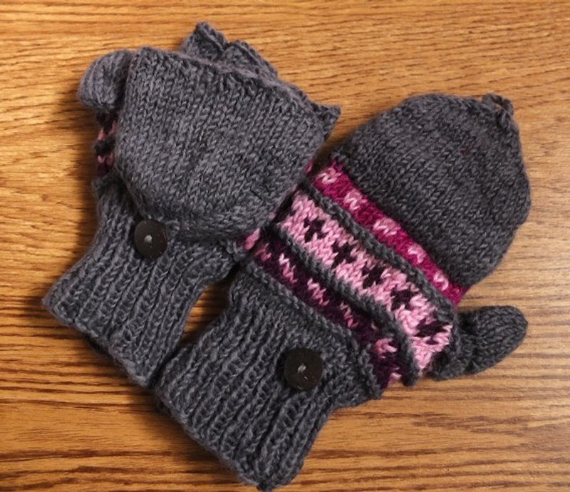 【乐拍子】纯羊毛编织手套Hand-made in Nepal（经典_灰+粉紫） - 手套 - 其他材质 紫色