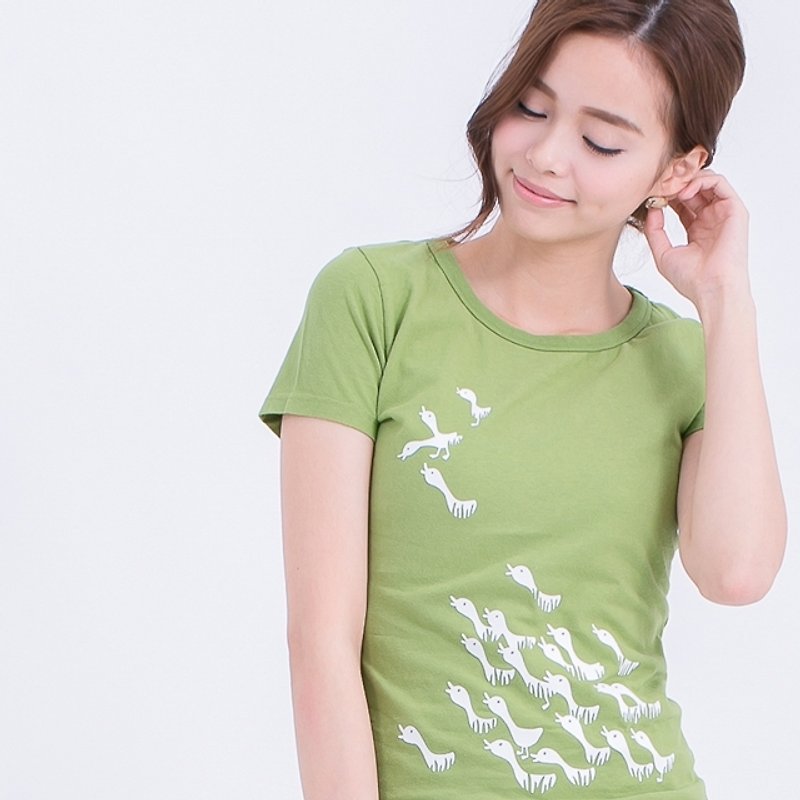 稻鸭 短袖 蜜桃棉 女T 芥末绿 - 女装 T 恤 - 棉．麻 绿色